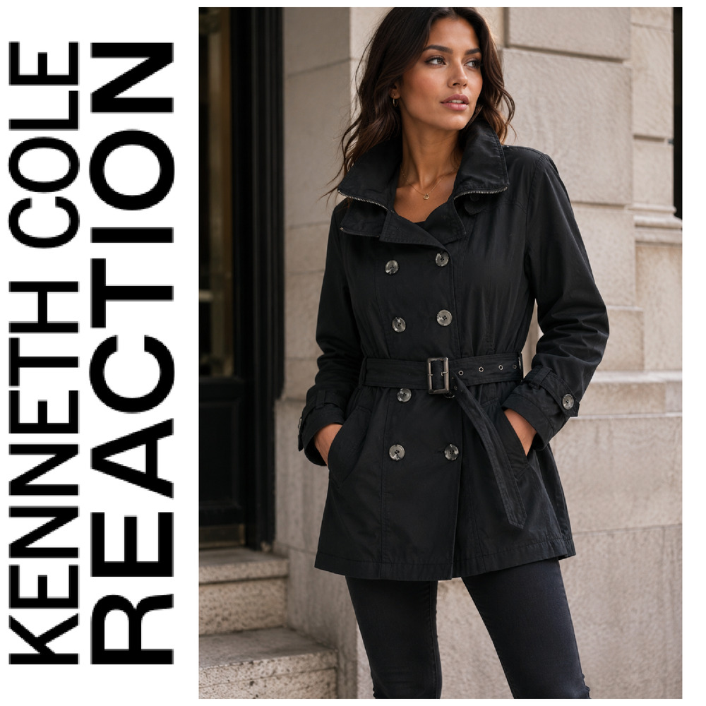 Kenneth Cole Reaction XXL Black Belted Short Trench Coat Double Breasted
